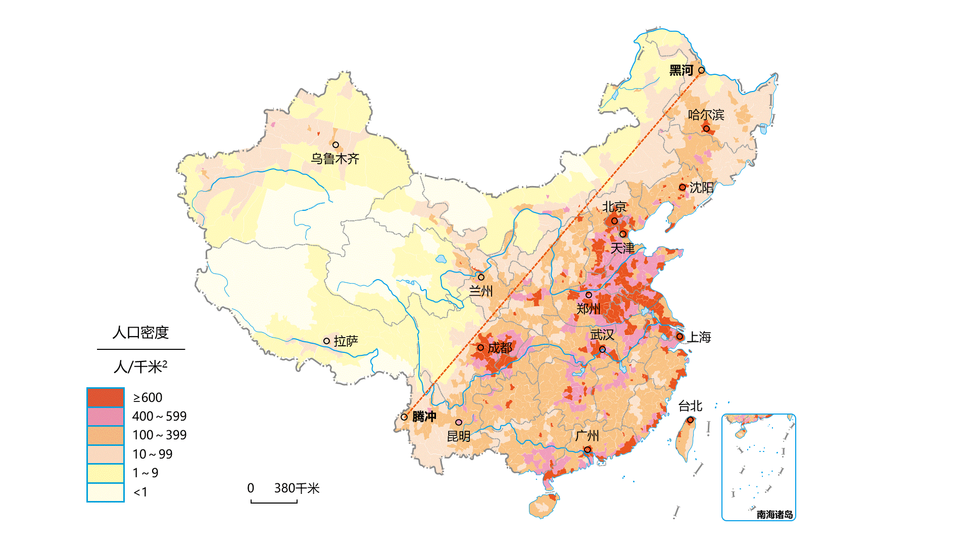 【教学素材】我国人口密度示意图